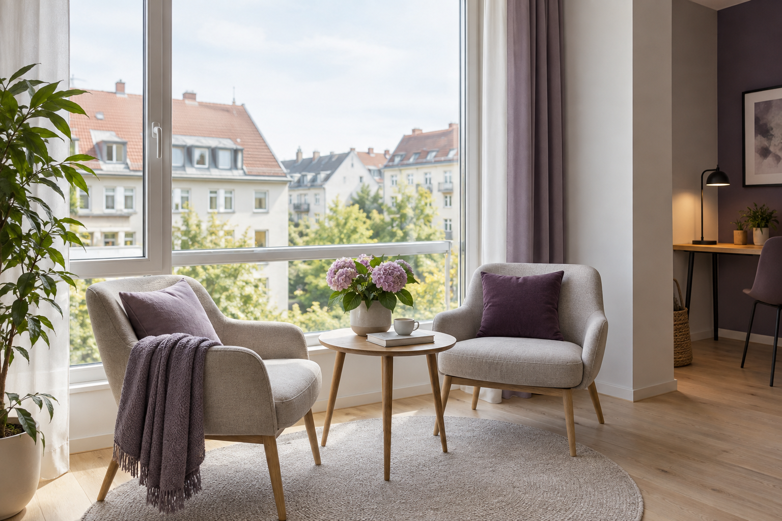 Kleiner Sitzplatz am Fenster mit Blick auf Wohngebäude